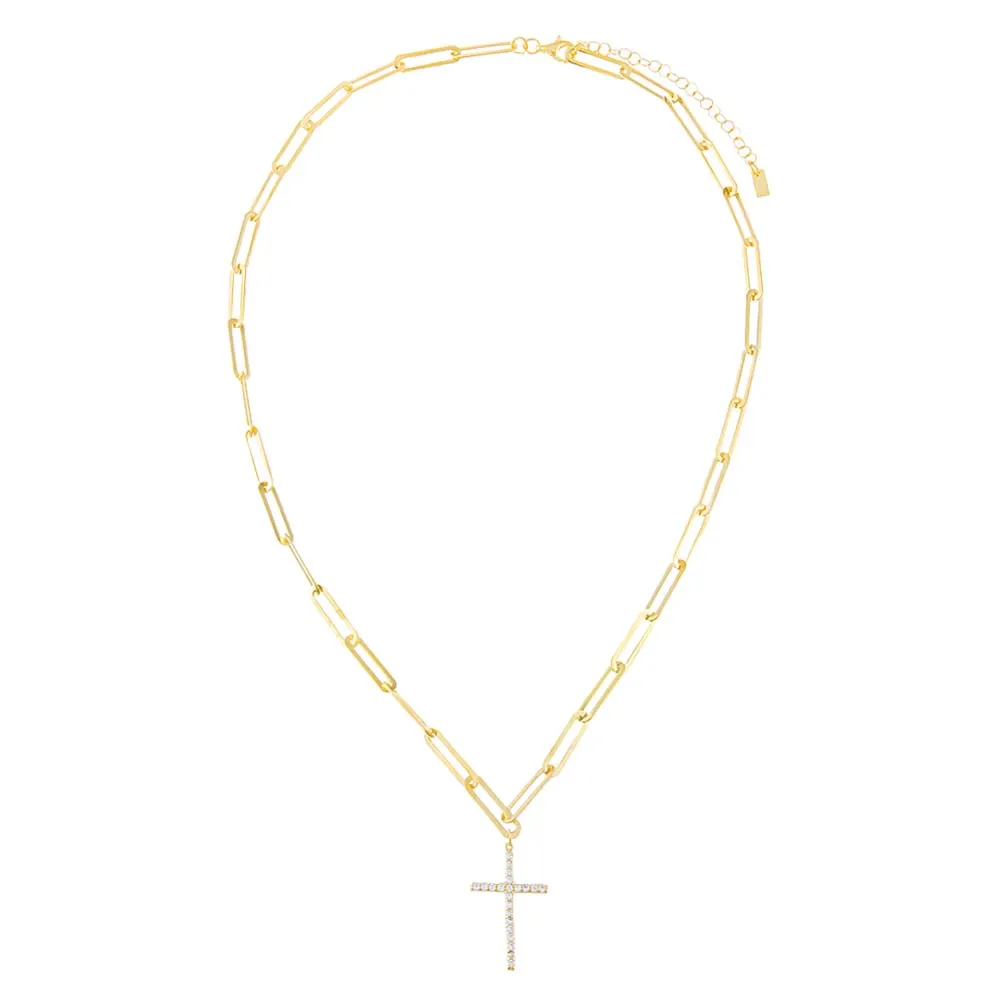 Pavé Cross Paperclip Necklace