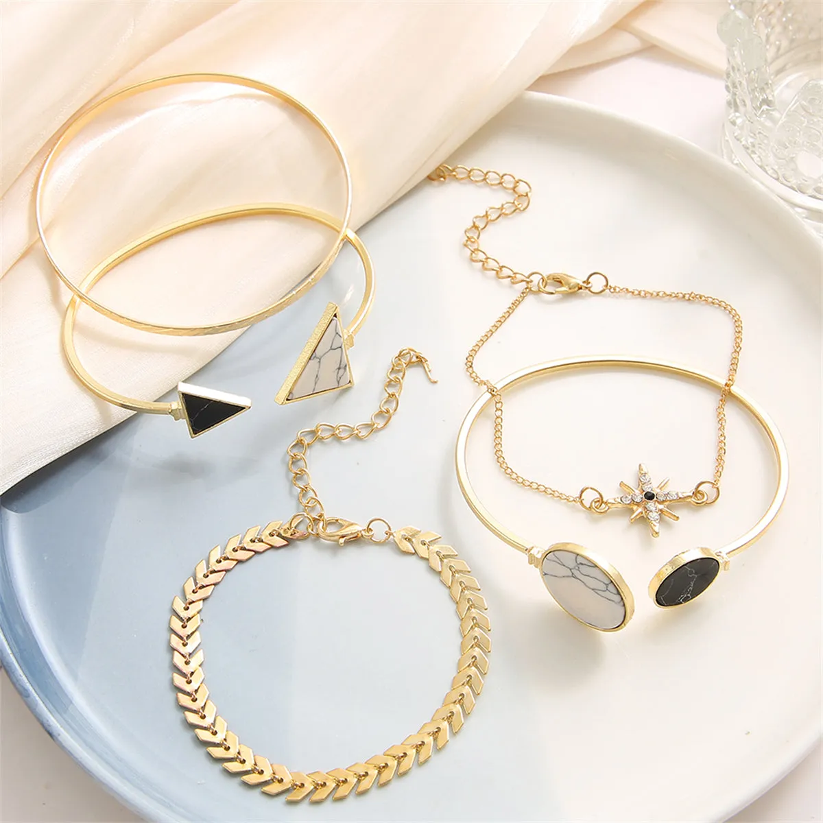 Turquoise & Cubic Zirconia 18K Gold-Plated Sun Charm Cuff Bracelet Set