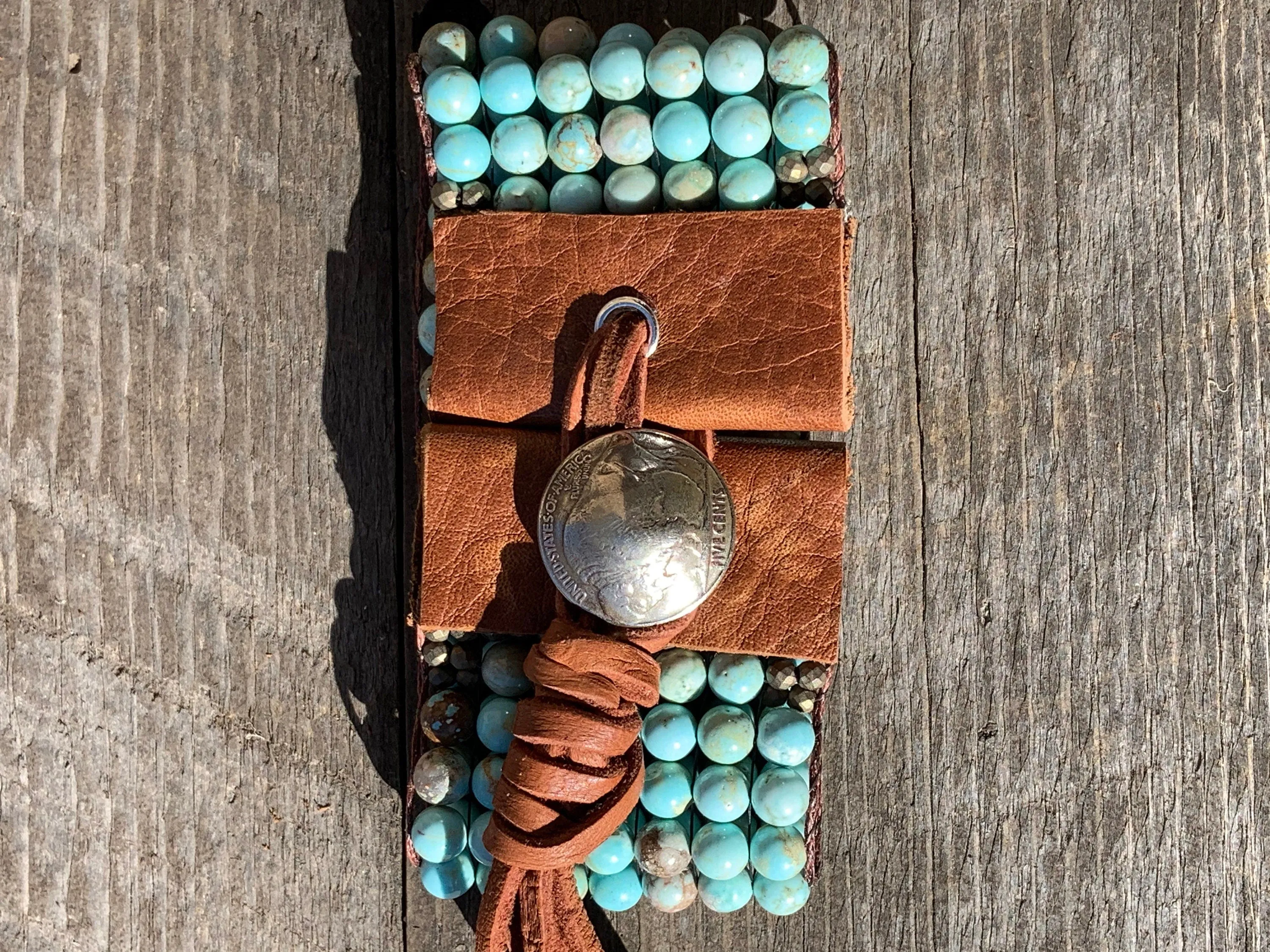 Turquoise and Leather Loom Cuff